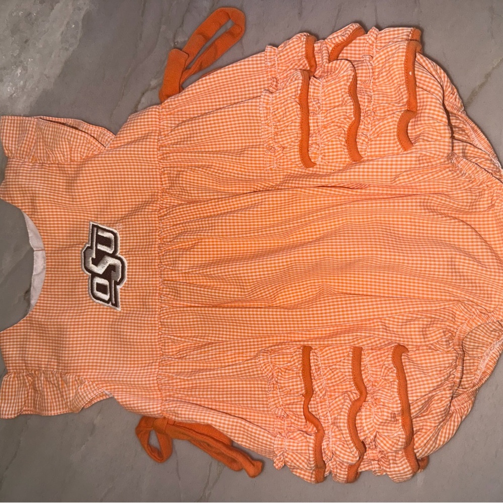 Orange Gingham Vive La Fête Baby Romper with OSU Logo